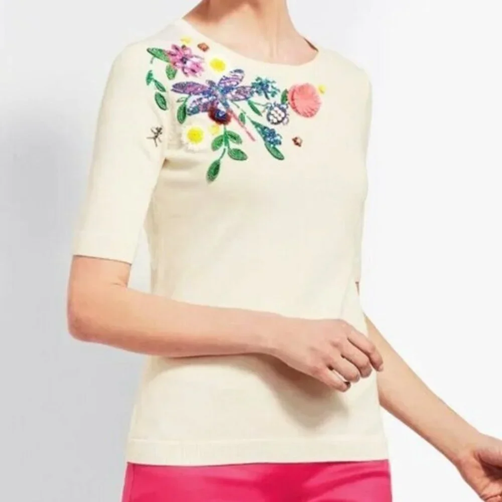 Like New Talbots Embellished Short Sleeve Sweater Cream Small